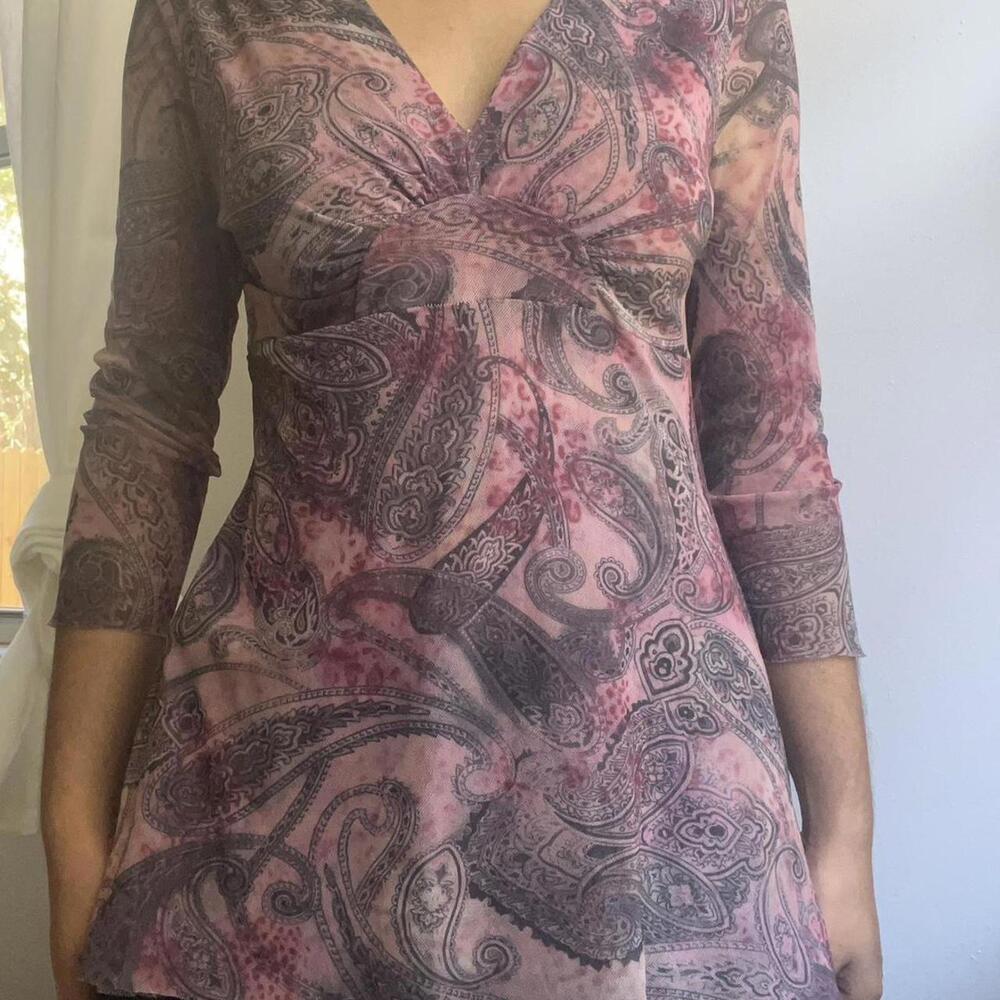 Pink paisley print mesh top with 3/4 sleeves #y2kfashion